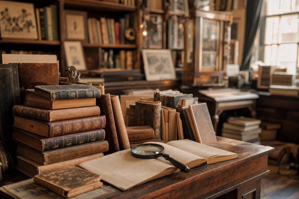 Antiquarische, ledergebundene Bücher in einem Antiquariat