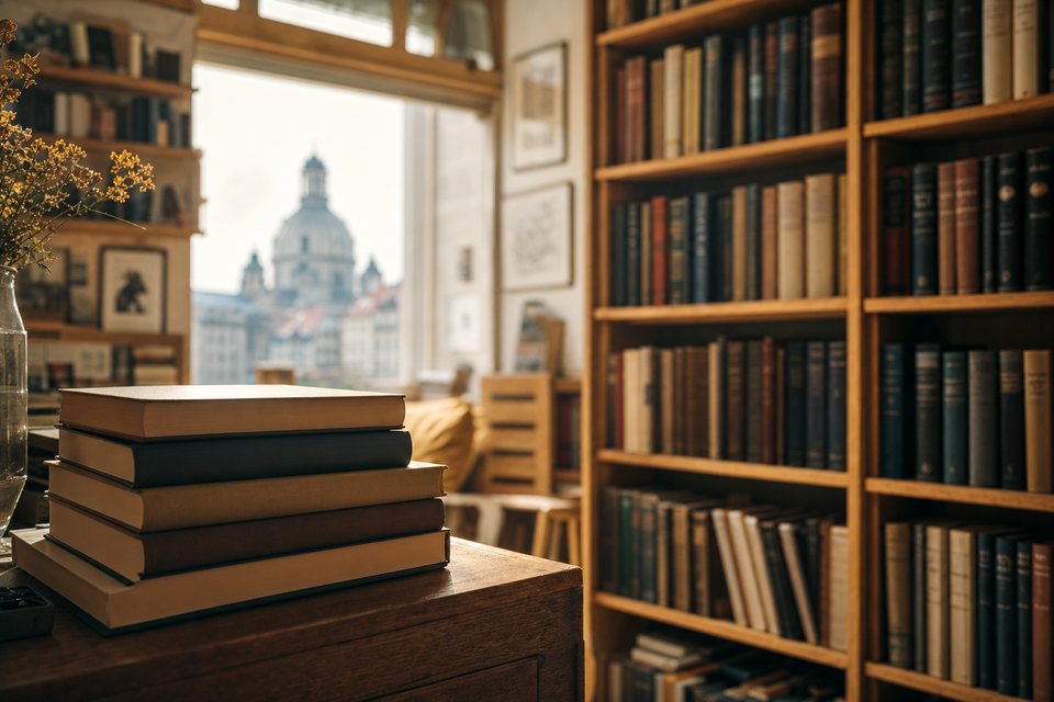 Gemütliches Bücherregal mit Blick auf die Dresdner Altstadt