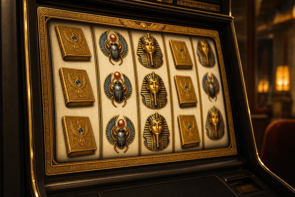 Nahaufnahme der Walzen eines Book of Ra Spielautomaten mit ägyptischen Symbolen