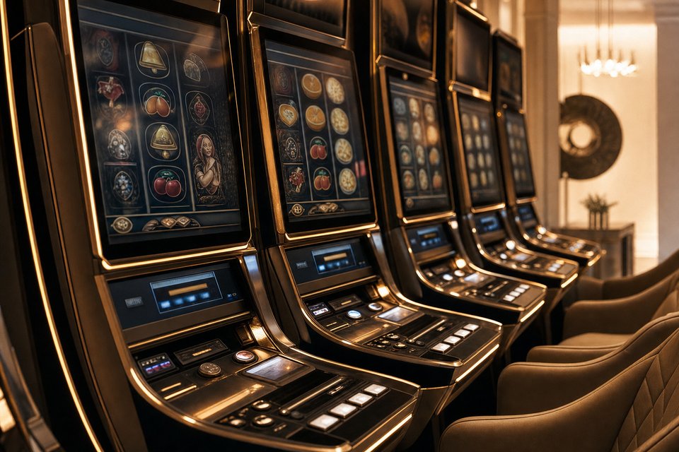 Reihe klassischer Novoline-Spielautomaten mit beleuchteten Bildschirmen