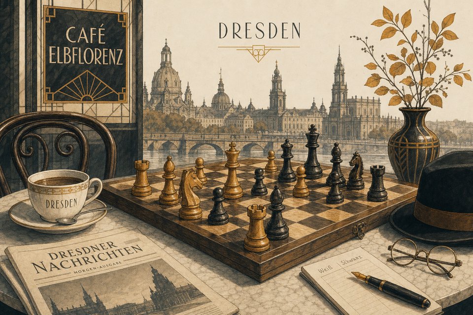 Historisches Schachbrett vor angedeuteter Dresdner Stadtsilhouette